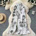 French chic satin midi skirt -  summer collection: luxe, vintage-inspired ink wash print, high-waisted, slimming mermaid skirt