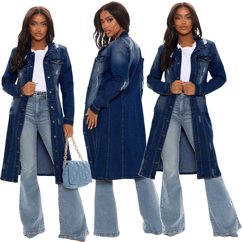 fashion style denim outwear women's  hot-selling new dark washed and worn retro silm long windbreaker