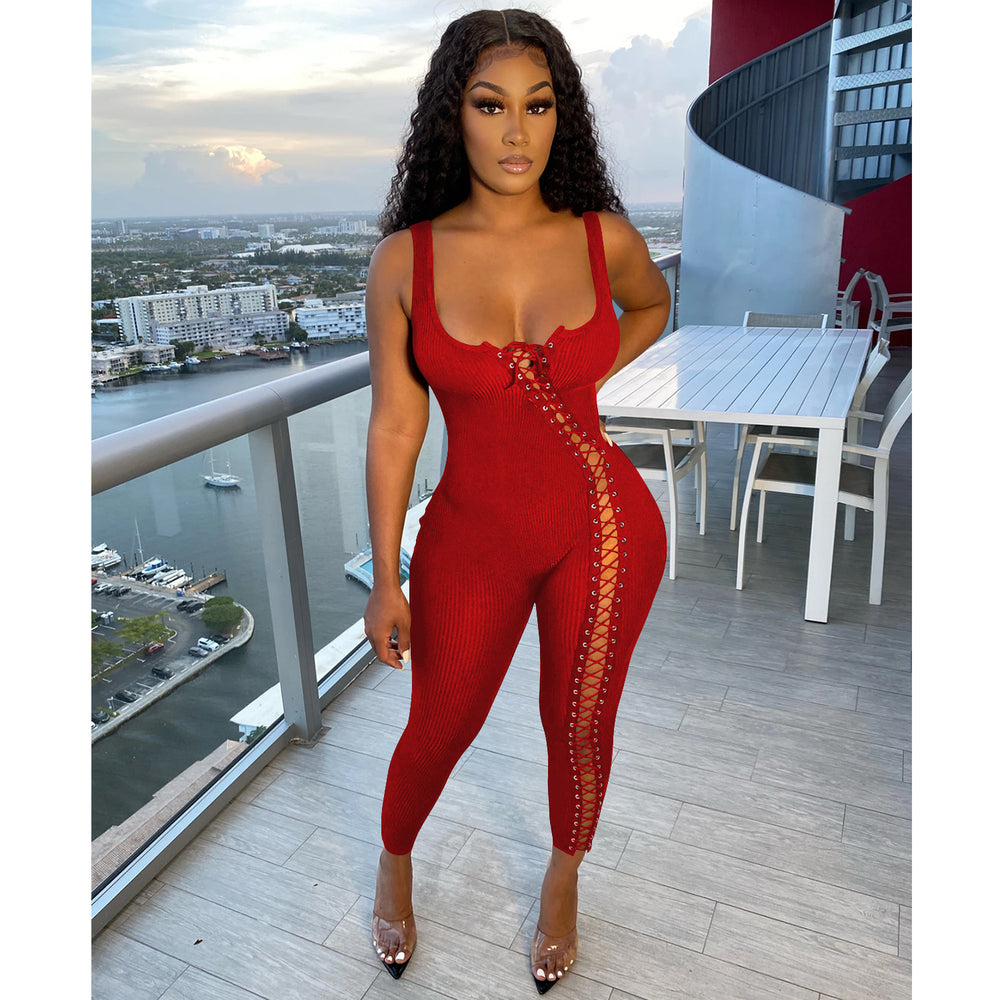C5245    european and american women's fashion summer new sexy strappy hollow-out jumpsuit