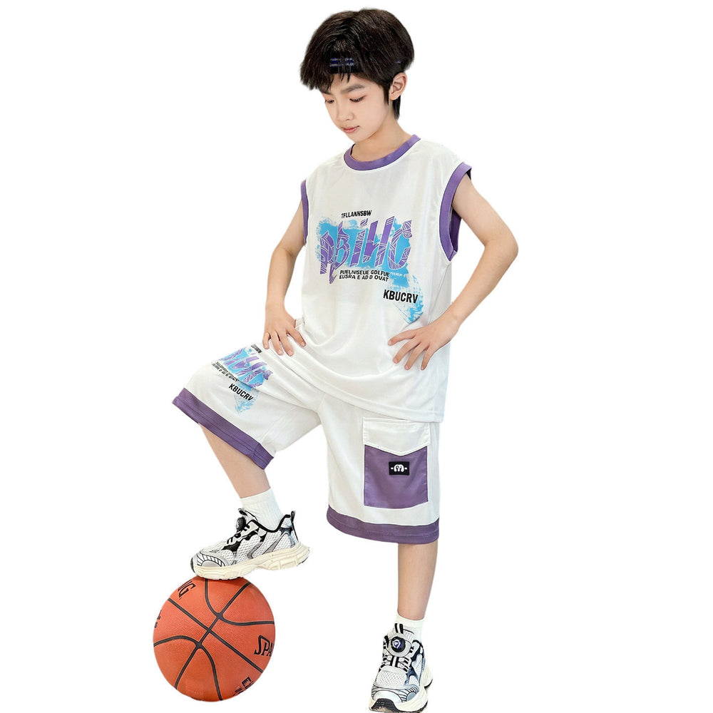 Boys'  summer new sleeveless tank top and waffle knit shorts set - trendy two-piece casual outfit for mid-to-large children