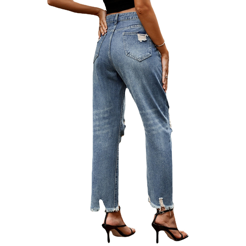 European and american clothing cross-border  new arrival raw edge ripped silmslimming lookjeansstraight-leg nine-point pants  trend
