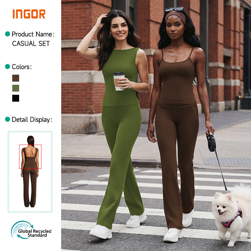 European and american eco-friendly fabric barely-there sports bra high-waisted butt-lifting yoga wide-leg pants casual fitness yoga outfit set