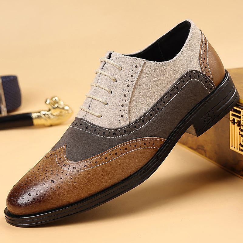 Plus size formal men's shoes brogue carved trendy men's business casual leather shoes breathable new british style color block