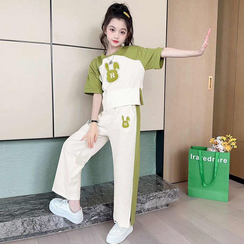 Girls' summer outfit set: wide-leg pants,  new style, trendy and chic, big kids' summer short-sleeve and long-pant two-piece set