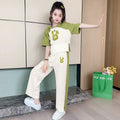 Girls' summer outfit set: wide-leg pants,  new style, trendy and chic, big kids' summer short-sleeve and long-pant two-piece set