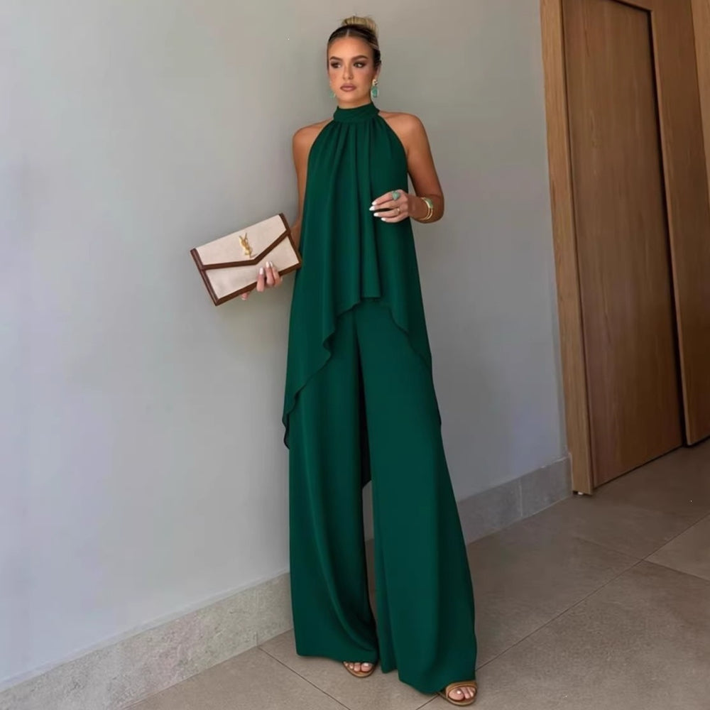 Independent station fashion cross-border  summer fashioncasual asymmetrical sleeveless elegantpure color pants suit women's clothing
