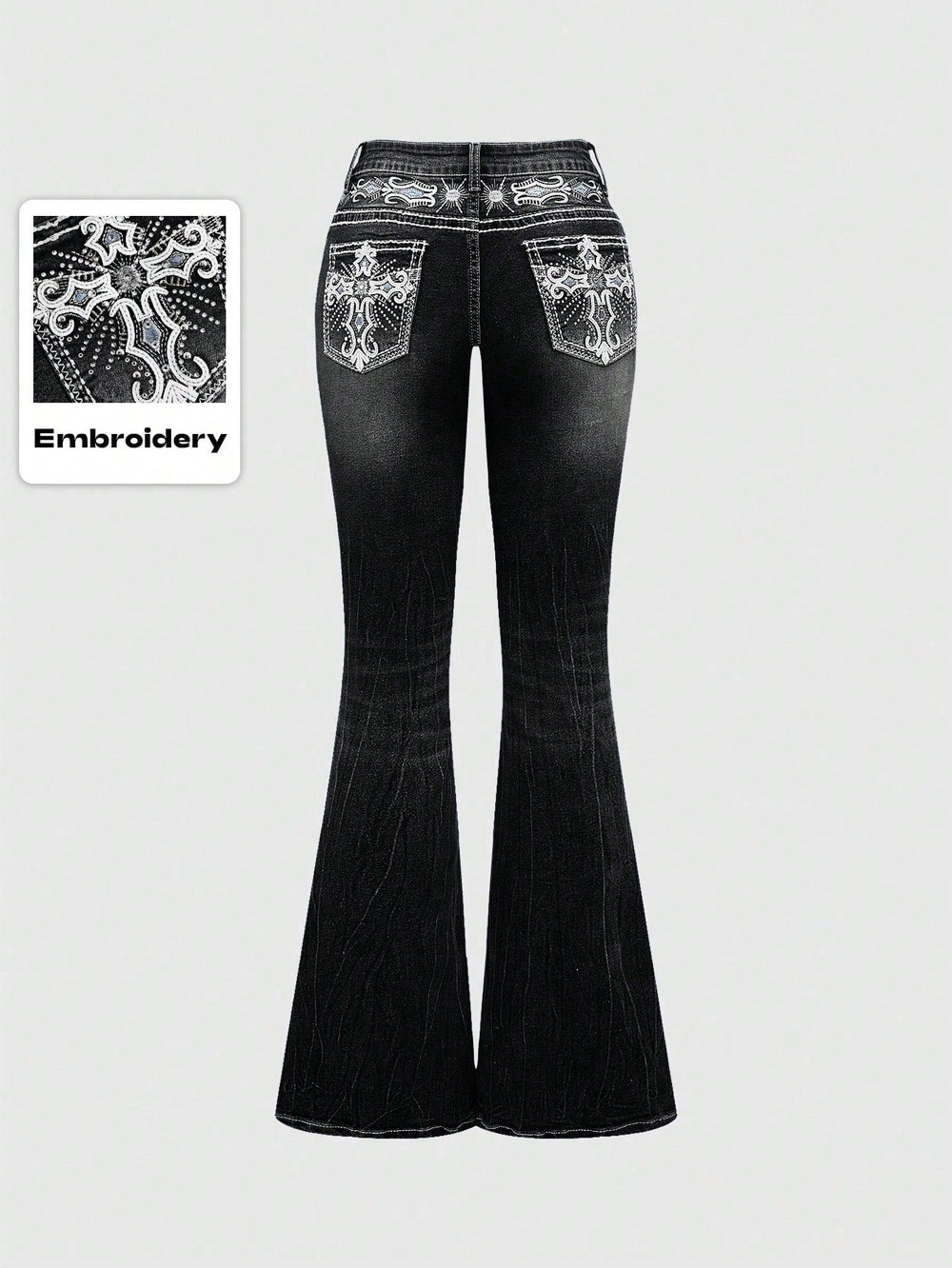 European and american western style heavy embroidery rhinestone flare jeans - women's high waist vintage washed slim fit bootcut