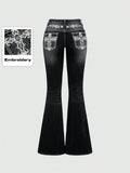 European and american western style heavy embroidery rhinestone flare jeans - women's high waist vintage washed slim fit bootcut