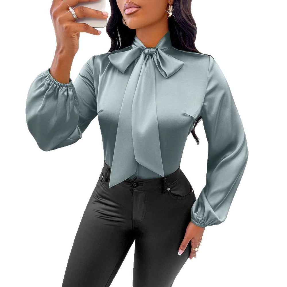 Independent station women's clothing  cross-border export spring new satin shirt  bow long sleeve top