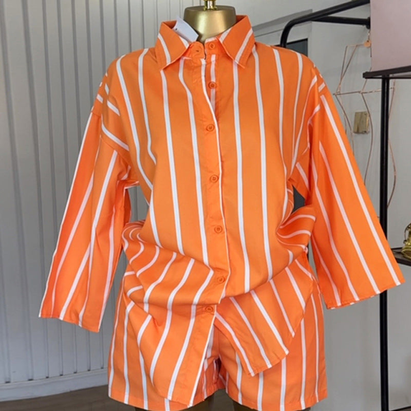 European and american cross-border women's fashion:  autumn new collection - trendy orange loose striped shirt & high-waisted shorts casual set