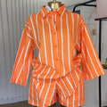 European and american cross-border women's fashion:  autumn new collection - trendy orange loose striped shirt & high-waisted shorts casual set