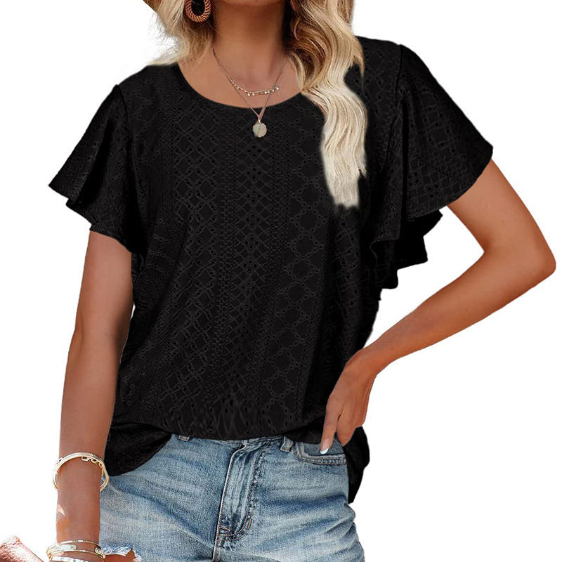 summer new arrival: cross-border european & american women's apparel -  style ladies' top - cutout waist, ruffle sleeve, casual t-shirt