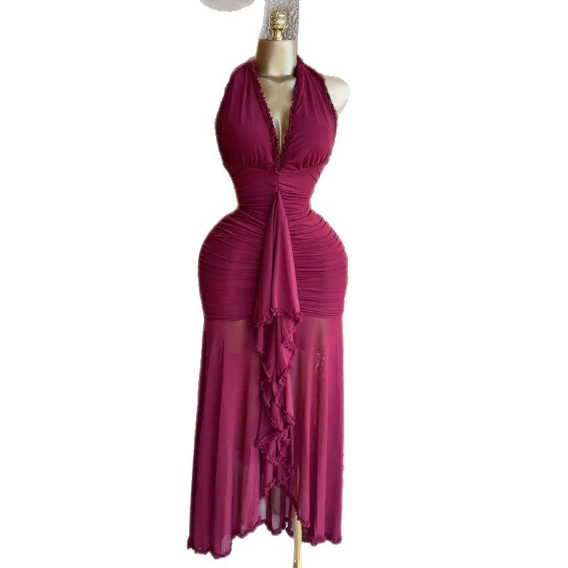 European and american women's clothing  autumn new collection: sweet and fresh tie-neck halter v-neck high-waisted slimming bodycon dress