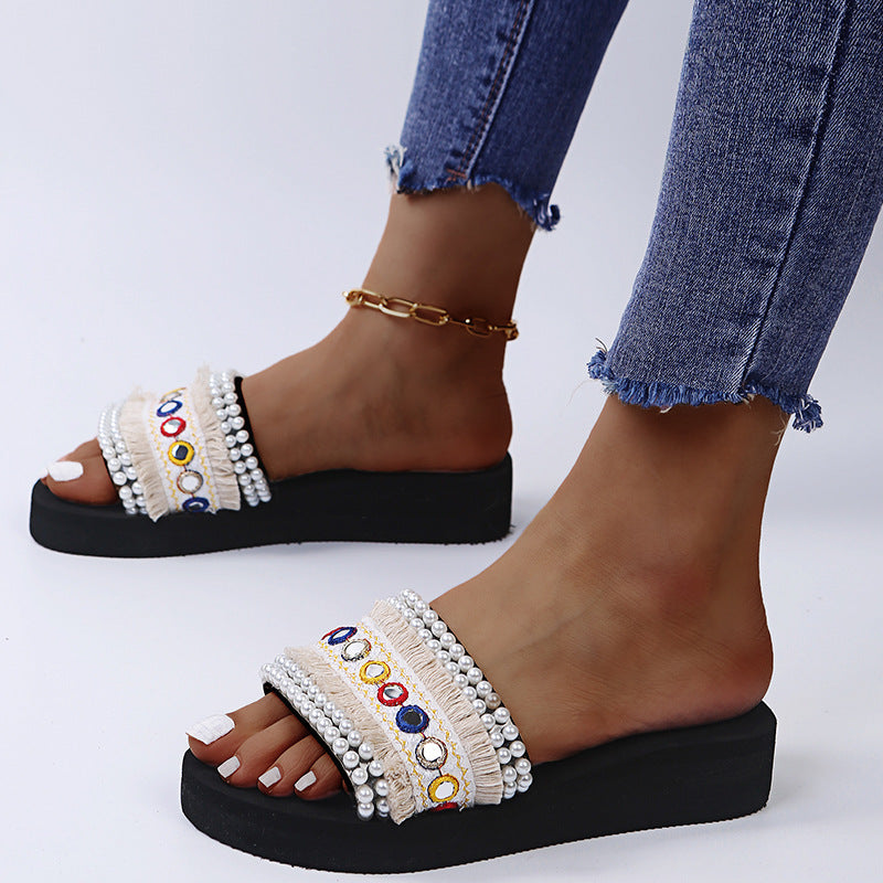 Ethnic style fashion slippers for women 2025 summernew arrivalplus sizesequin pearl toe sandals and flip-flops for beach