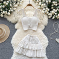 Summer outfit set for petite women: gentle style square neck cami top with flutter sleeves and ruffle mini skirt