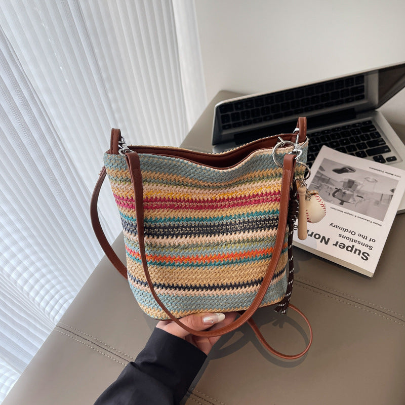 New arrival bucket bag niche style woven bag stripes shoulder bag trendy armpit bag fashion straw bag satchel crossbody bag