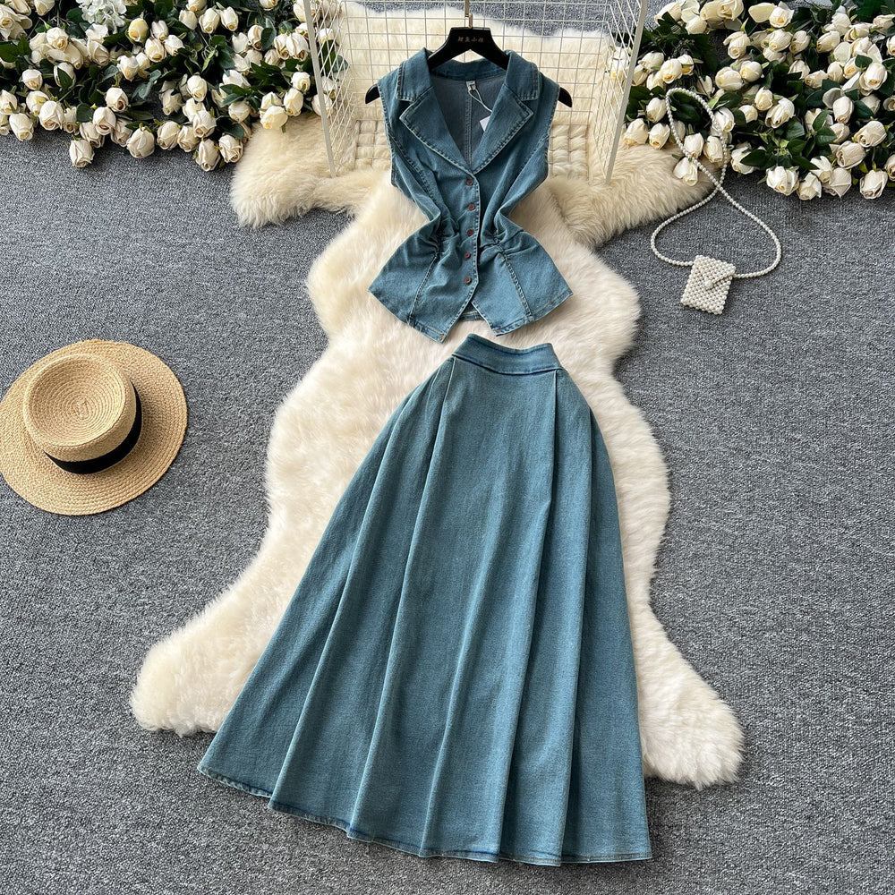 French style age-defying set for women: summer chic ruched waist sleeveless denim top with high-waisted midi skirt