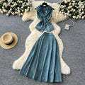 French style age-defying set for women: summer chic ruched waist sleeveless denim top with high-waisted midi skirt