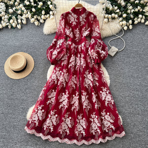 French court style embroidered lace dress - women's puff sleeve high neck tie-waist elegant maxi dress - autumn  collection