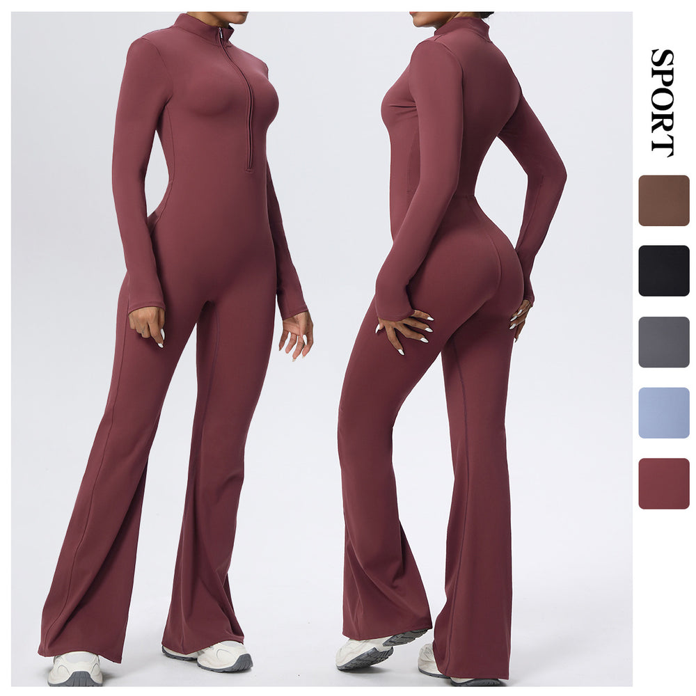 New arrival nude yoga jumpsuit all-in-one stand collar quick-drying sports jumpsuit wide leg running fitness suit for women