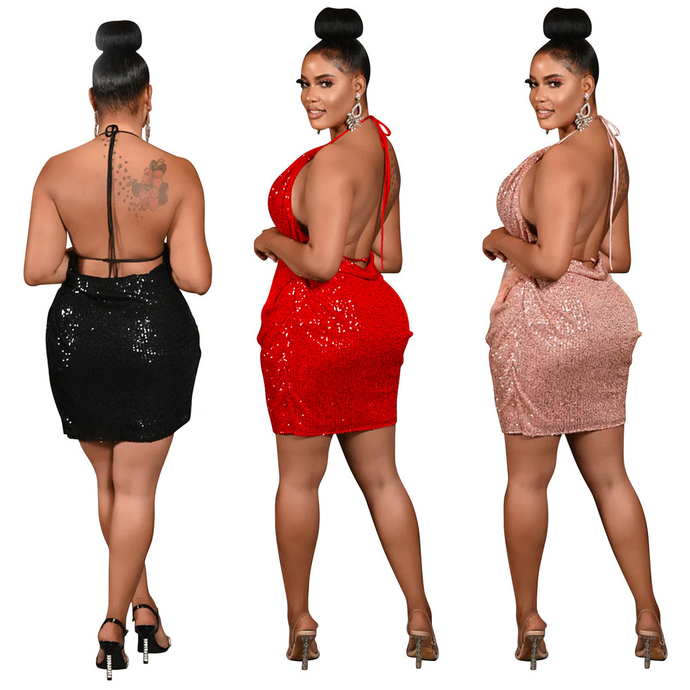 C6905 cross-border   fashion women's sexy sequin cami dress - one-piece mini dress