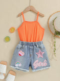 European and american cross-border girls' outfit: solid color camisole with embroidered romper and denim shorts - new summer collection for children