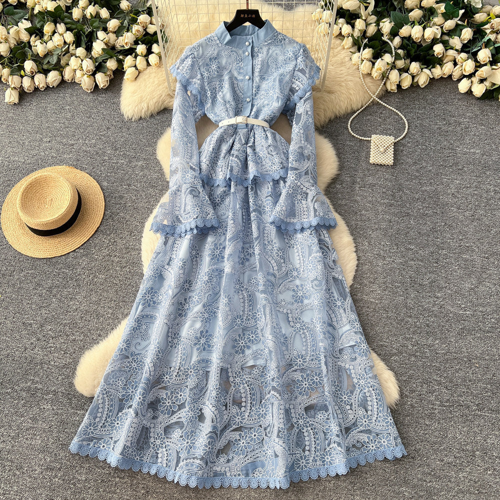 new spring/summer elegant high-end banquet evening gown - women's heavy embroidery cutout flared sleeve dress