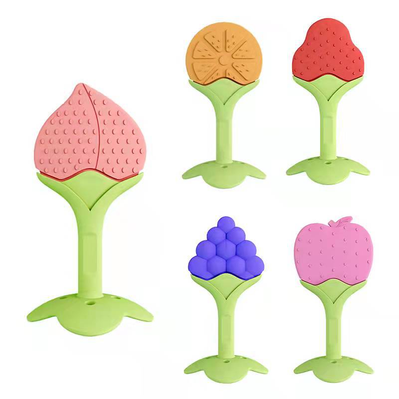 Newborn teething stick, baby teether, food-grade silicone chew toy, fruit-shaped soothing teether, anti-sucking hand