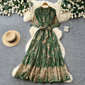 Korean style red printed embroidered dress - women's summer retro high-waisted tie-waist elegant a-line dress - commute outfit