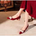 Red velvet wedding shoes bridal shoes low heel square heel pointed toe flats