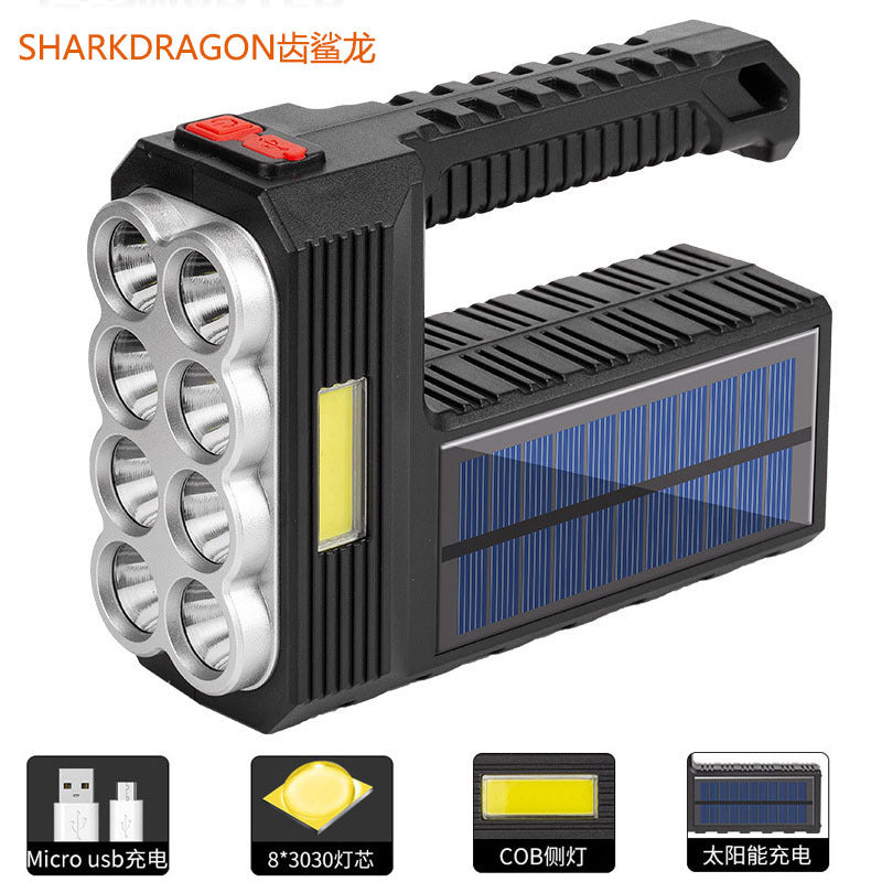 Cross-border new 8-lamp portable searchlight USB charging outdoor with side light solar charging LED flashlight