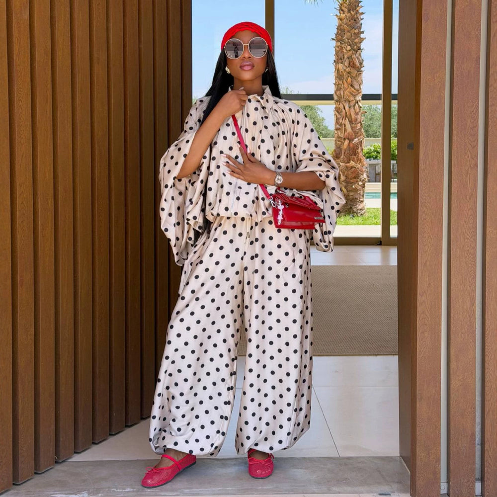 European and american women's clothing  autumn new collection: sweet and fresh polka dot collar batwing sleeve high-waisted lantern pants two-piece set