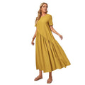 Amazon   new arrivals: european and american style solid color crew neck short sleeve loose pleated dress - ready to ship