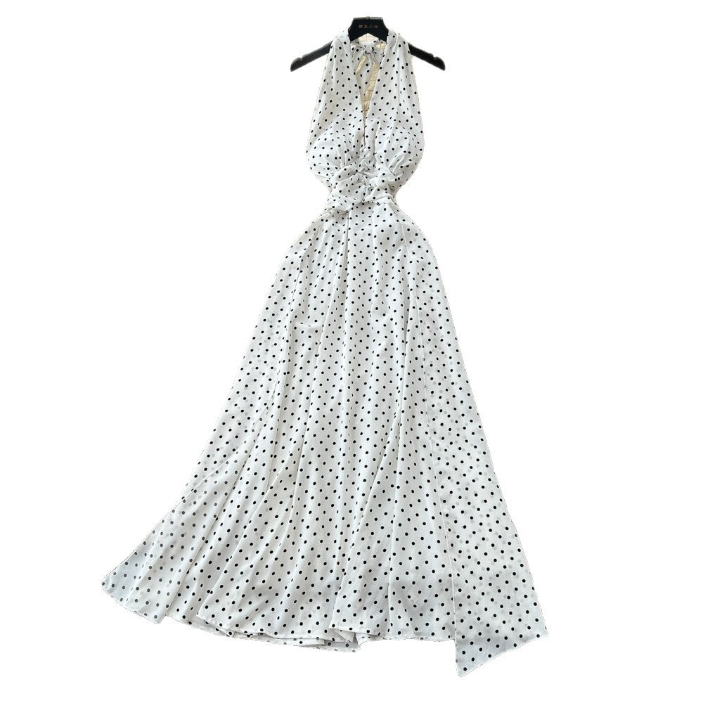 French halter polka dot pure desire backless dress women's summer v neck waist elegant vacation style elegant long skirt