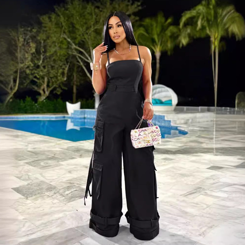 european and american new arrival cross-border women's sexy bandeau multi-pocket cargo jumpsuit wide leg romper