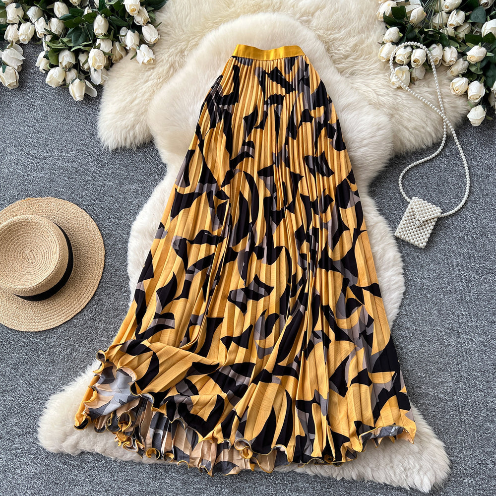 Export cross-border printing high waist a-line pleated skirt women's summerpleated skirt mid-length skirt work clothing holiday style