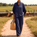 european and american cross-border new spring/summer comfortable casual button-down shirt and wide-leg pants linen two-piece women's set