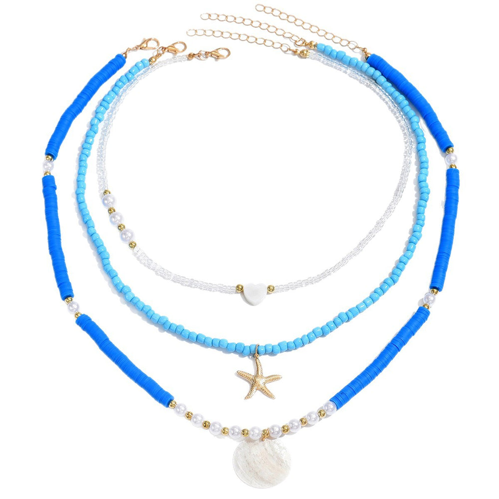 Bohemian seaside necklace wholesale european and american cross-border blue soft clay beaded pendant vacation style starfish clavicle chain