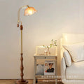 French retro solid wood curved pole floor lamp with pleated lace and soft light – perfect for b&b rooms, studies, and bay windows – wholesale direct from the manufacturer