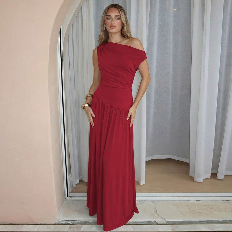 European and american women's clothing  summer new fashion solid color cinched waist slimming slant neck sleeveless dress - wholesale for export