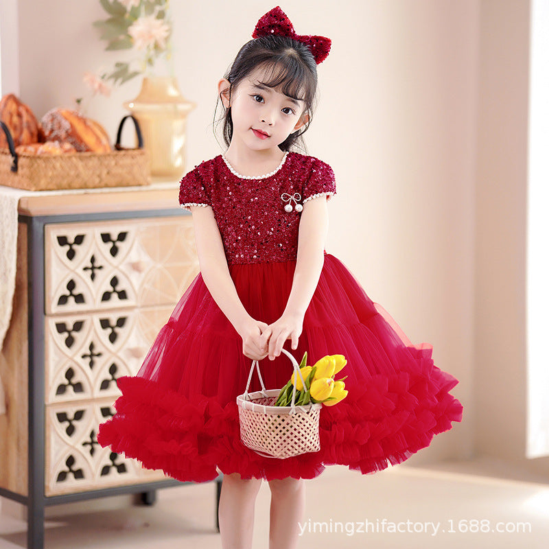 Ready-to-ship girls' short-sleeve sequin tutu princess dress - mesh children's skirt, perfect for 3-12 year olds, birthday celebrations, and first birthday parties