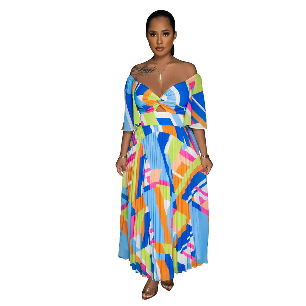 C6879 cross-border   fashion women's sexy printed backless pleated maxi dress