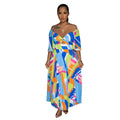 C6879 cross-border   fashion women's sexy printed backless pleated maxi dress