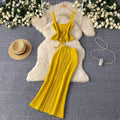 Women's summer knit two-piece vacation outfit: cutout tie-up cami top & high-waisted maxi skirt set
