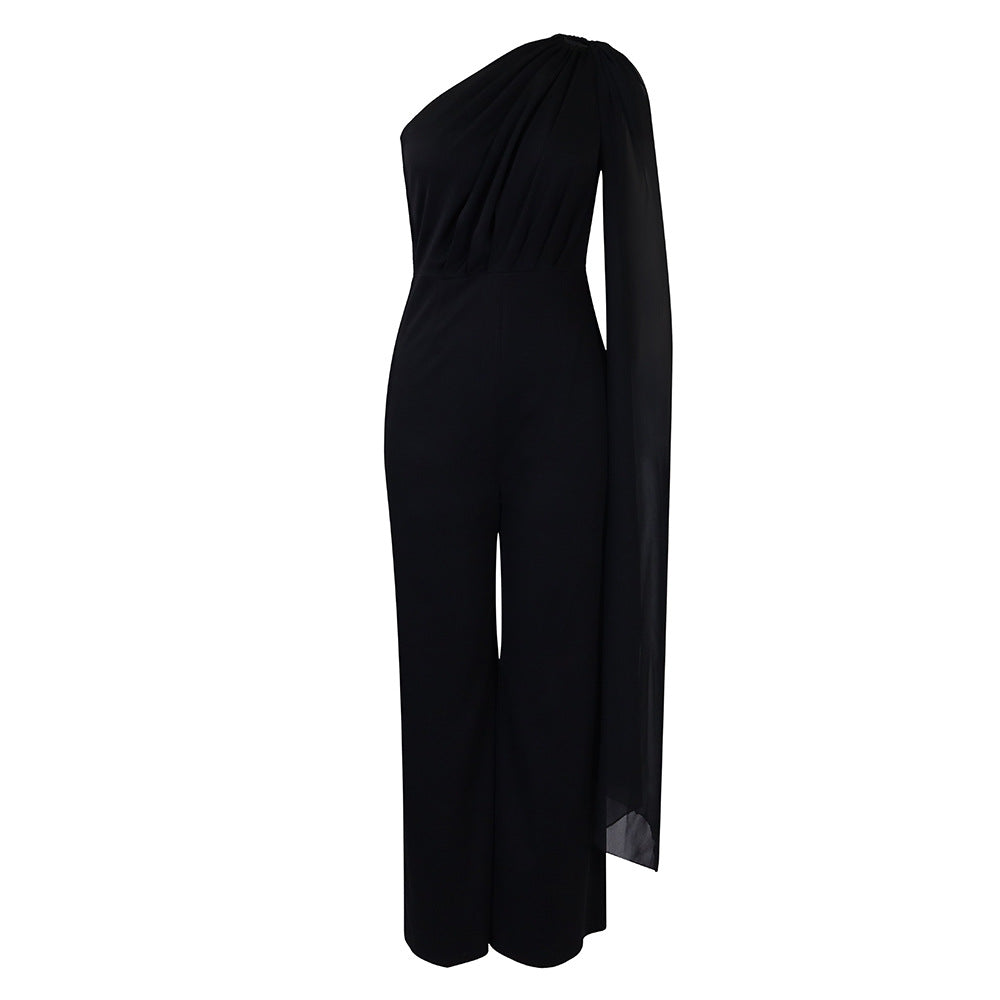 C8560 cross-border women's clothing independent station foreign trade pure colorolsexy one-shoulder banquet fashion dress african jumpsuit