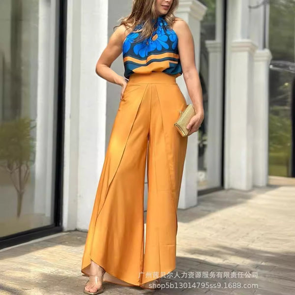 ODL2039 Europe and America 2024 women's sleeveless printed top + wide-leg pants set 2-piece set