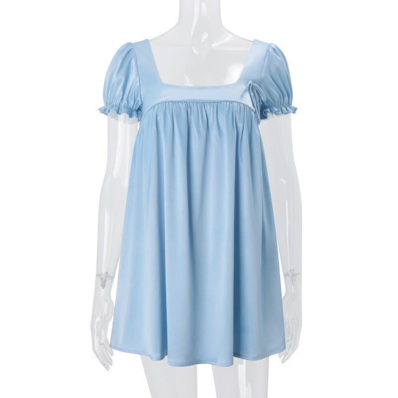European and american women's clothing  spring new french court sweet girly style square neck puff sleeve loose dress