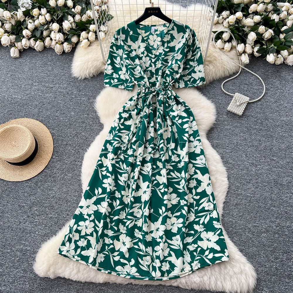 Frenchretrov neck drawstring waist short-sleeved printingdress women's summerslimming lookelegantretro over-the-knee long skirt