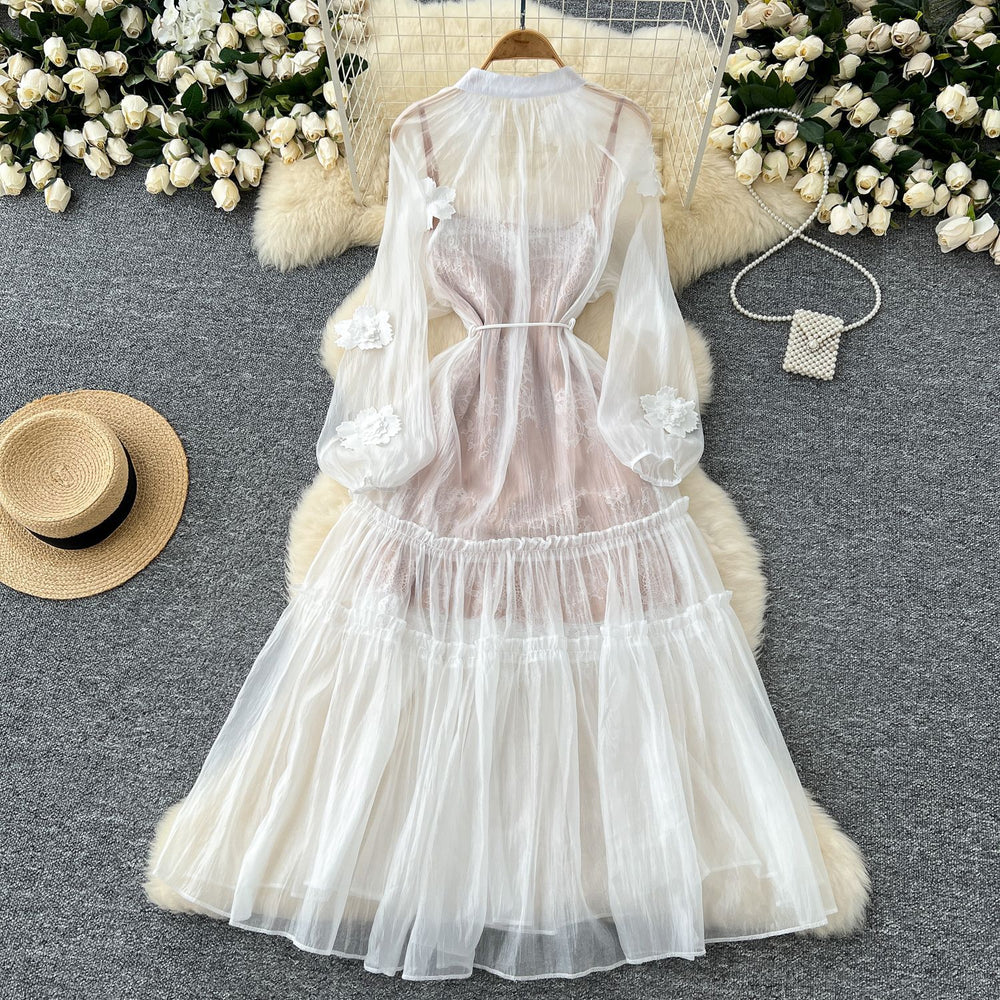 French fairy vacation dress women's  autumn 3d floral tie-up single-breasted mesh dress + slip dress