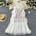 French fairy vacation dress women's  autumn 3d floral tie-up single-breasted mesh dress + slip dress